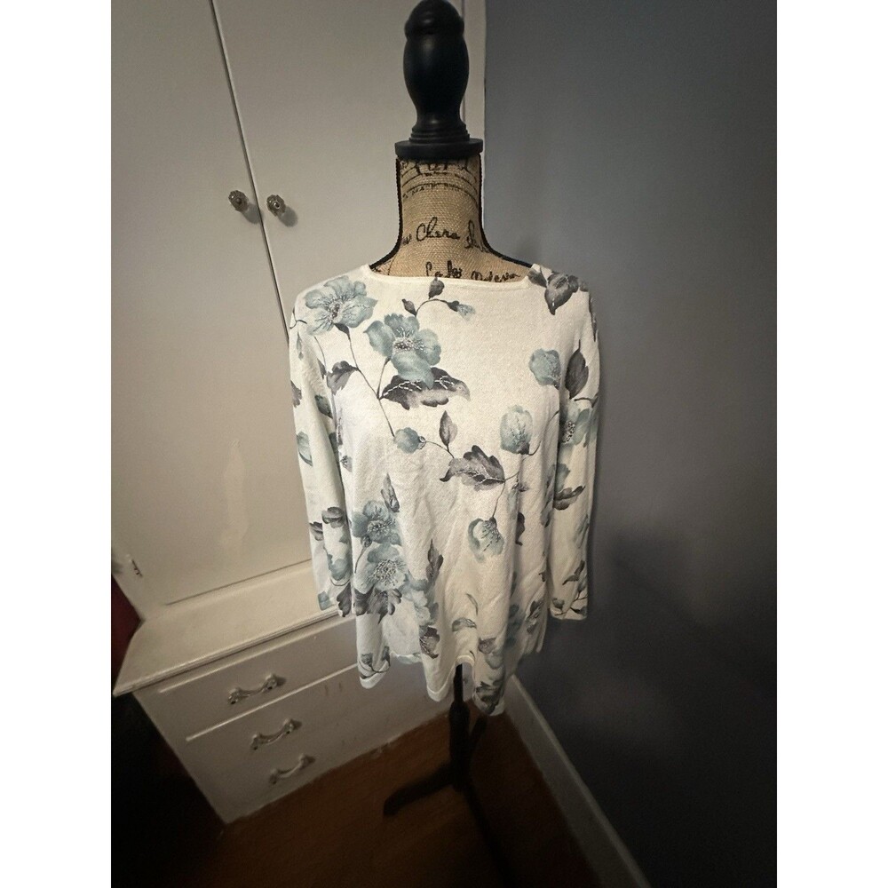 Alfred Dunner Floral Sweater Top Size XL Knit Beaded Gray Blue Silver Pullover
